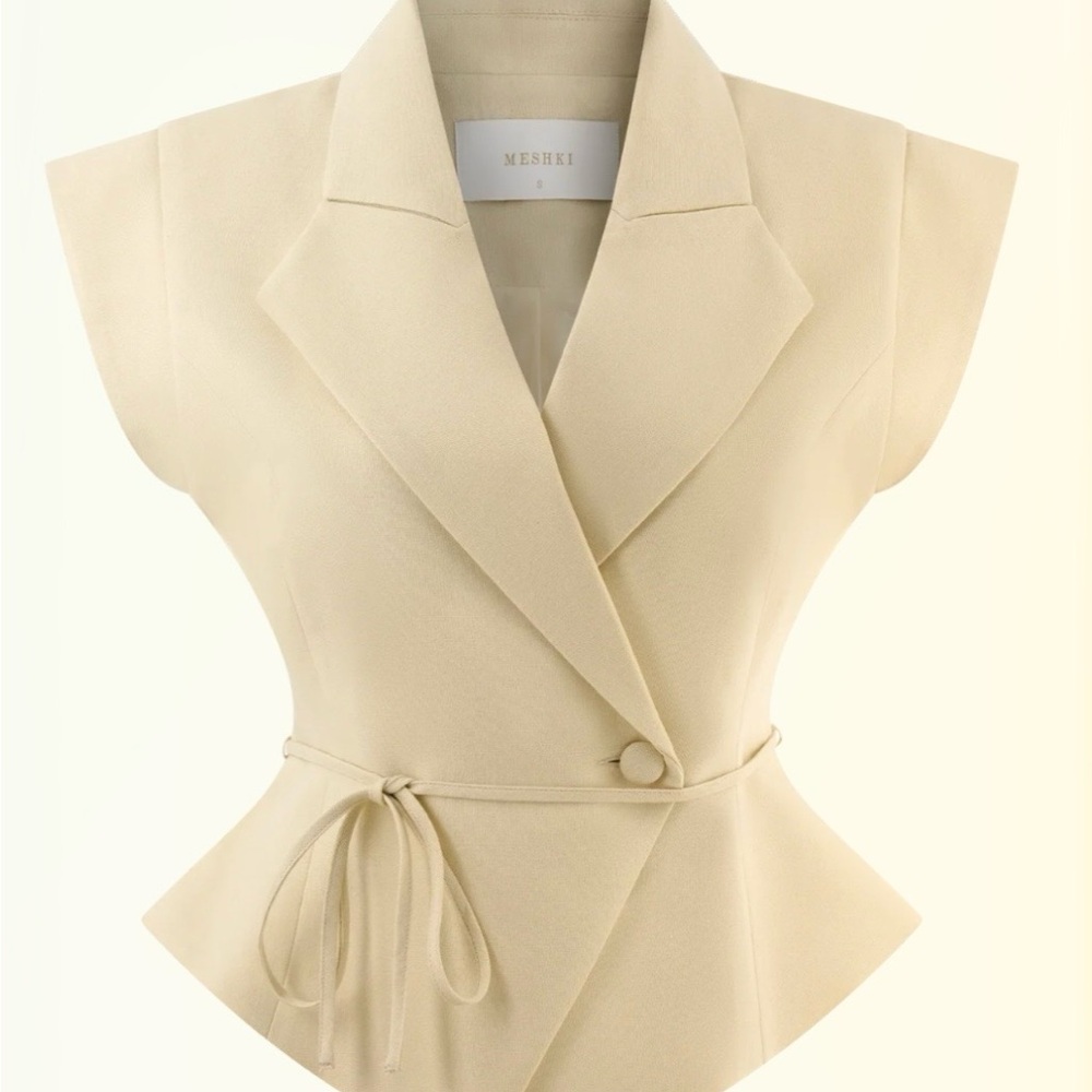 MESHKI Cream Sleeveless Peplum Blazer with Waist Tie